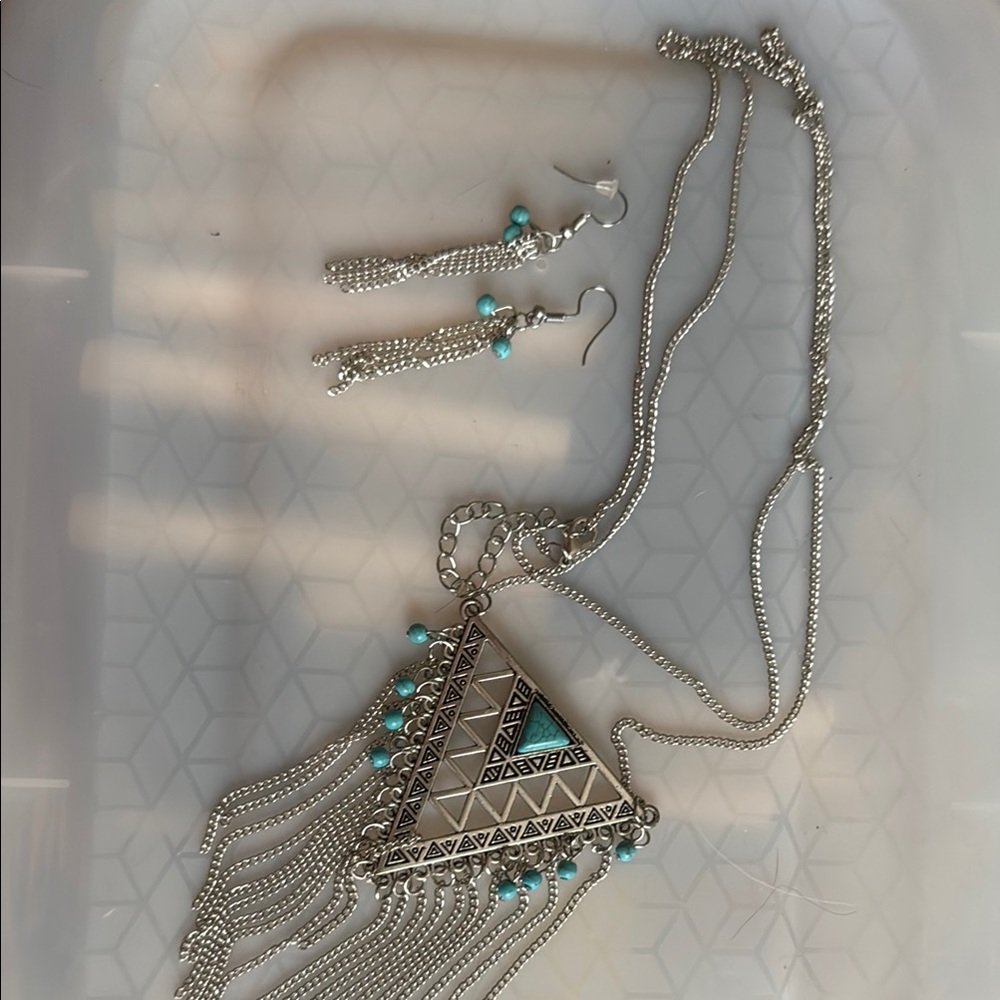 Silver and Turquoise Geometric Necklace and Earring Set